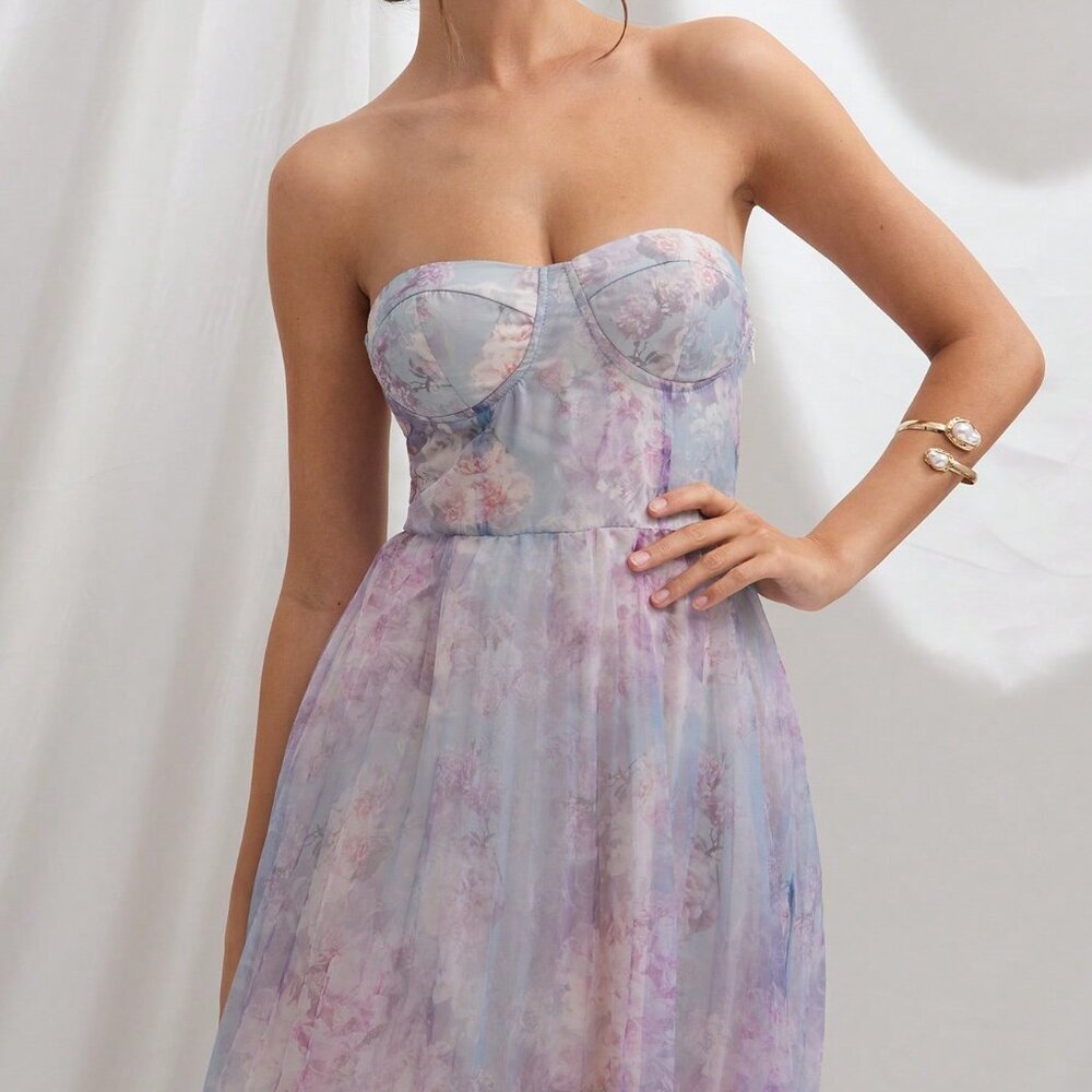 Blue Romantic Floral Women's Maxi Tube Dress - Picture 3 of 5